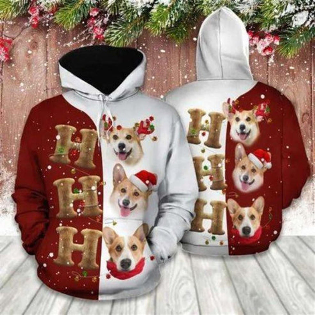 FUNSTUFFPRINT 3D Corgi Christmas Funny All Over 3D Hoodie and Zip Hoodie