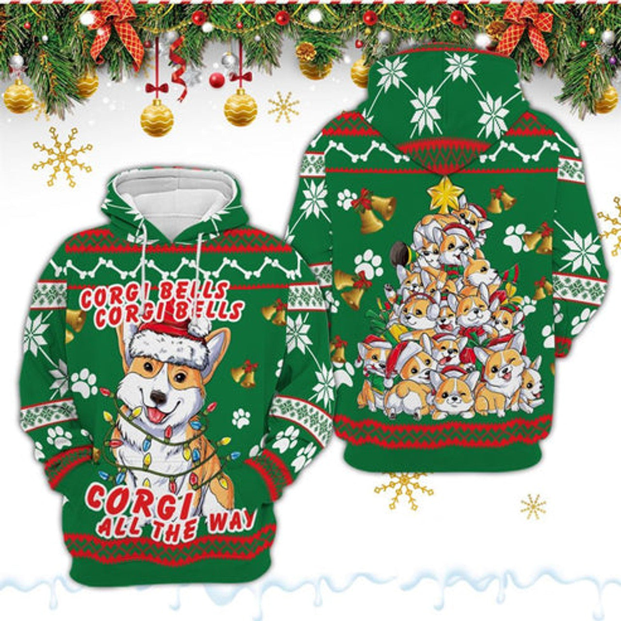 FUNSTUFFPRINT 3DCorgi Dog Bells Christmas All Over 3D Hoodie and Zip Hoodie