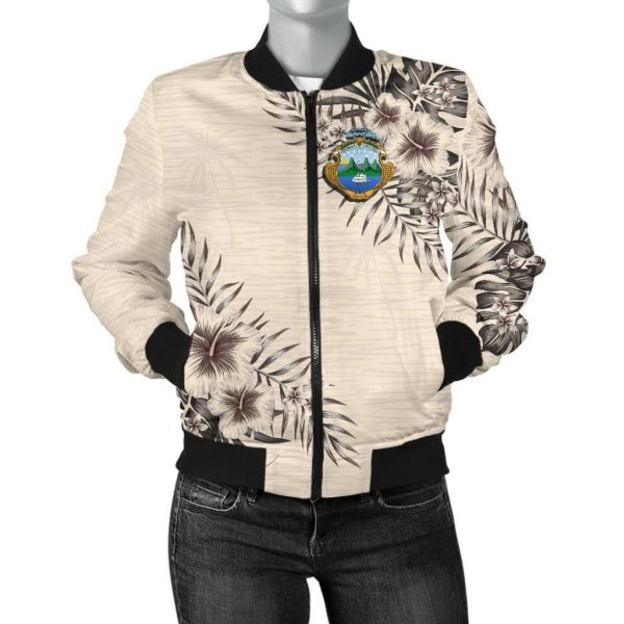 FUNSTUFFPRINT Costa Rica Women's Bomber Jacket - The Beige Hibiscus 3D Bomber Jacket