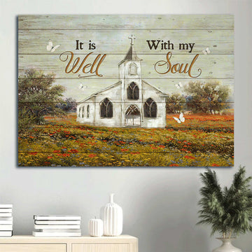 Country Church Painting Colorful Flower Garden White Butterfly It Is Well With My Soul Canvas Wall Art - Christian Wall Decor