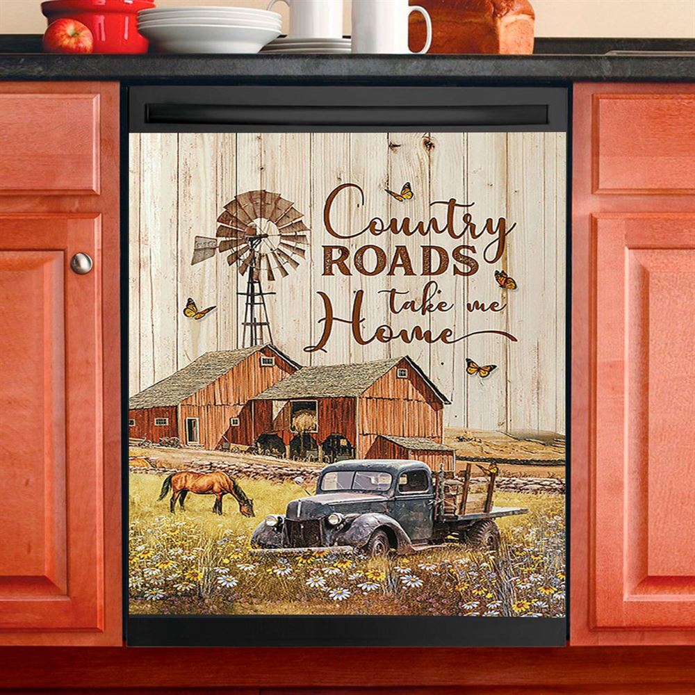 Country Roads Take Me Home Ladybug Car Horse Dishwasher Cover, Christian Dishwasher Magnet Cover, Gift For Horse Lover