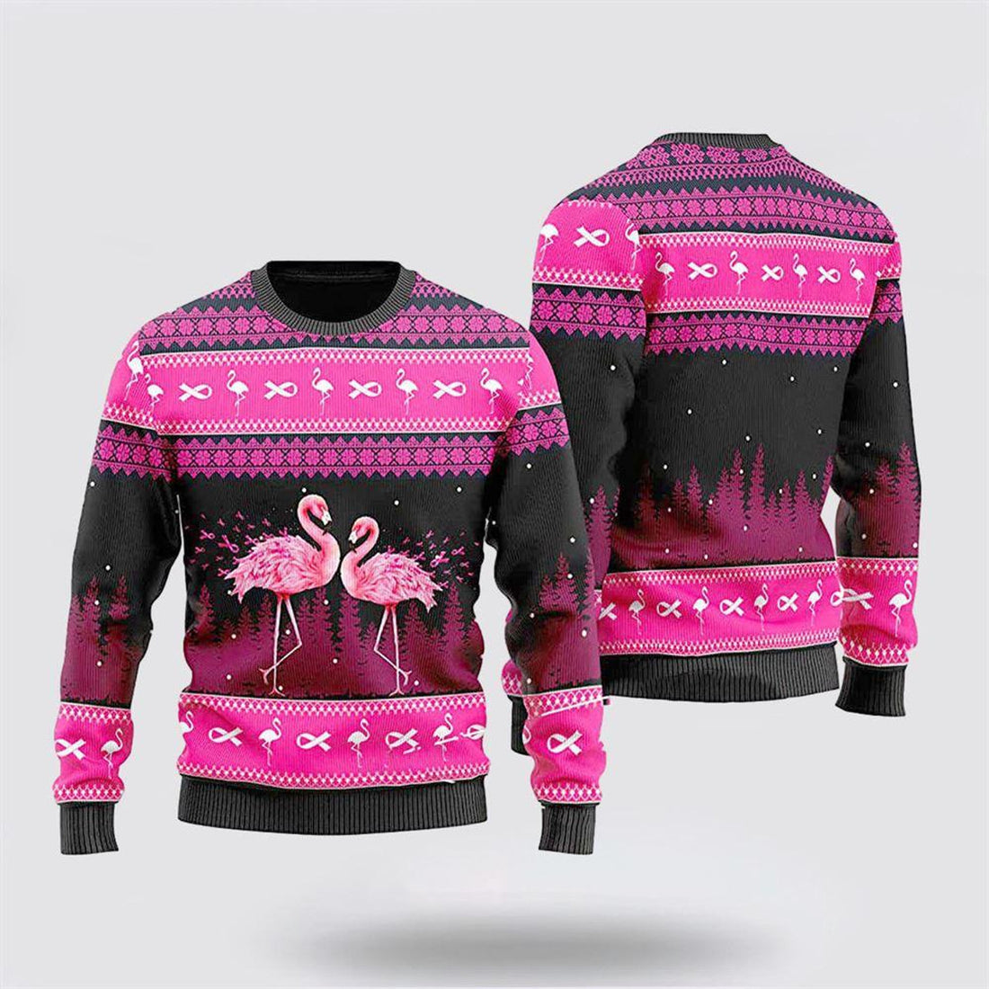 FUNSTUFFPRINT Couple Flamingo Breast Cancer Ugly Christmas Sweater – Christmas Gifts For Frends Ugly  Sweater
