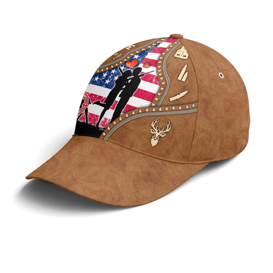FUNSTUFFPRINT Couple Love Hunting American Flag Leather Style Baseball Cap