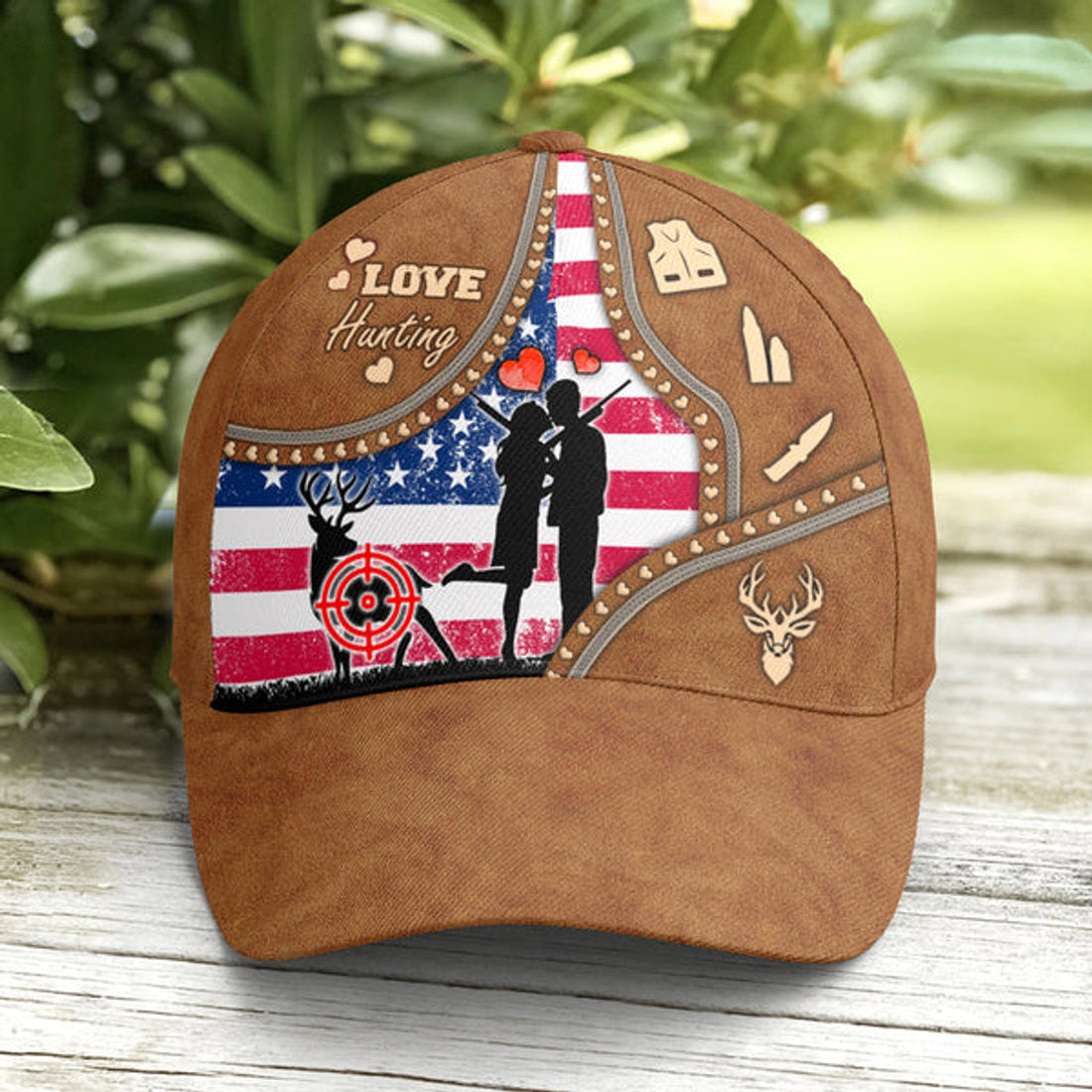 FUNSTUFFPRINT Couple Love Hunting American Flag Leather Style Baseball Cap