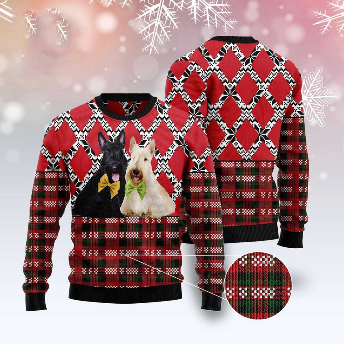 FUNSTUFFPRINT Couple Scottish Terrier Black And White Ugly Christmas Sweater, Christmas Sweater, Ugly Sweater, Funny Xmas Sweaters Ugly Sweater