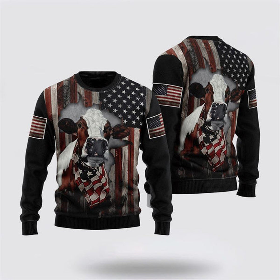 FUNSTUFFPRINT Cow American Flag Patriotic Ugly Christmas Sweater, Farm Sweater, Christmas Gift, Best Winter Outfit Christmas Ugly Sweater