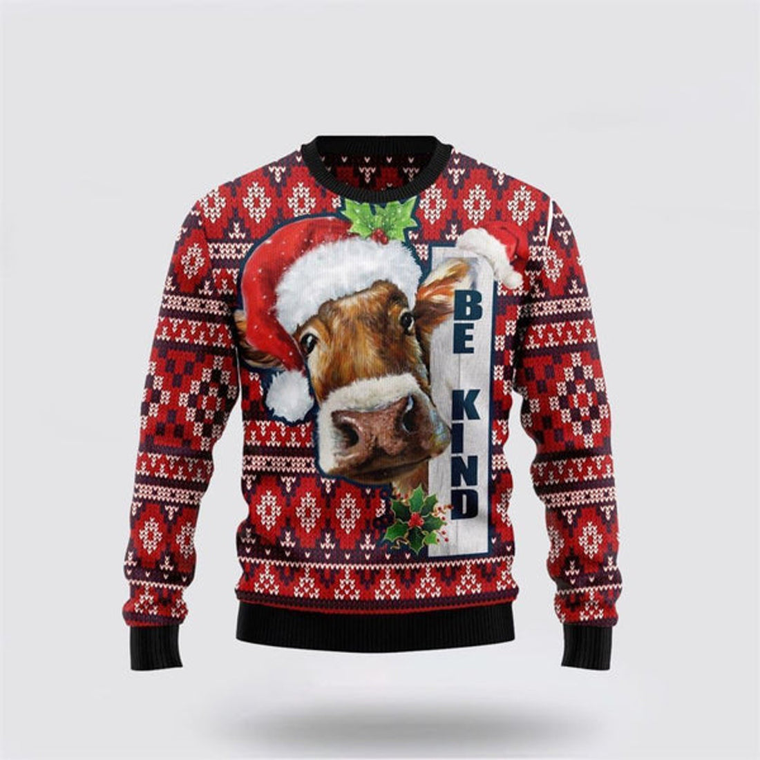 FUNSTUFFPRINT Cow Be Kind Funny Ugly Christmas Sweater, Farm Sweater, Christmas Gift, Best Winter Outfit Christmas Ugly Sweater