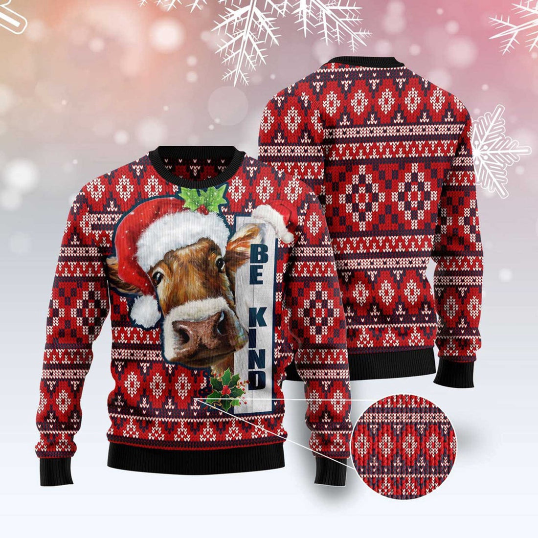FUNSTUFFPRINT Cow Be Kind Ugly Christmas Sweater, Christmas Sweater, Ugly Sweater, Funny Xmas Sweaters Ugly Sweater