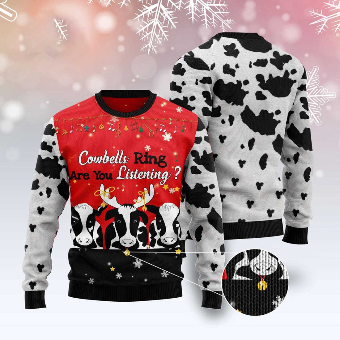 FUNSTUFFPRINT Cow Bell Rings Ugly Christmas Sweater, Christmas Sweater, Ugly Sweater, Funny Xmas Sweaters Ugly Sweater