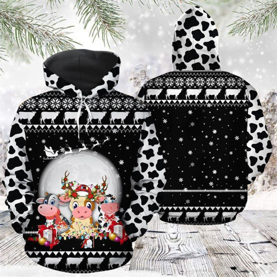 FUNSTUFFPRINT 3D Cow Christmas All Over 3D Hoodie and Zip Hoodie