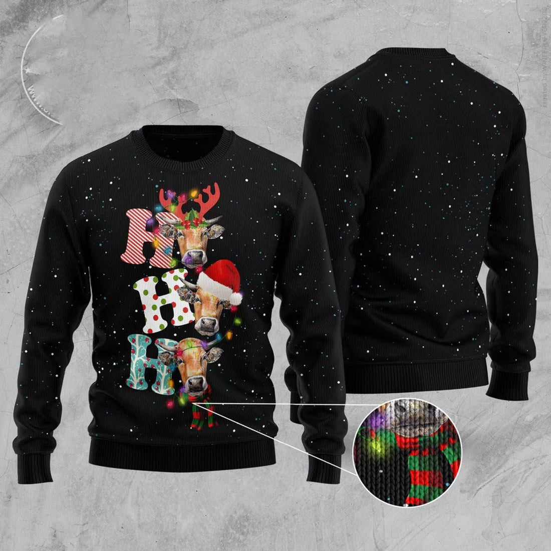 FUNSTUFFPRINT Cow Ho Ho Ho Ugly Christmas Sweater, Christmas Sweater, Ugly Sweater, Funny Xmas Sweaters Ugly Sweater