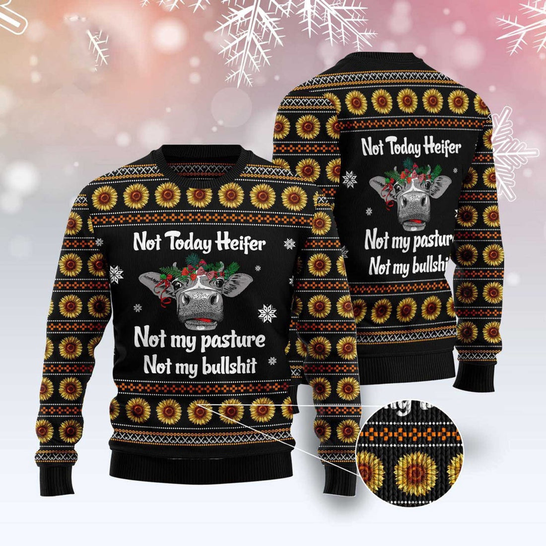 FUNSTUFFPRINT Cow Not Today Sunflower Ugly Christmas Sweater, Christmas Sweater, Ugly Sweater, Funny Xmas Sweaters Ugly Sweater