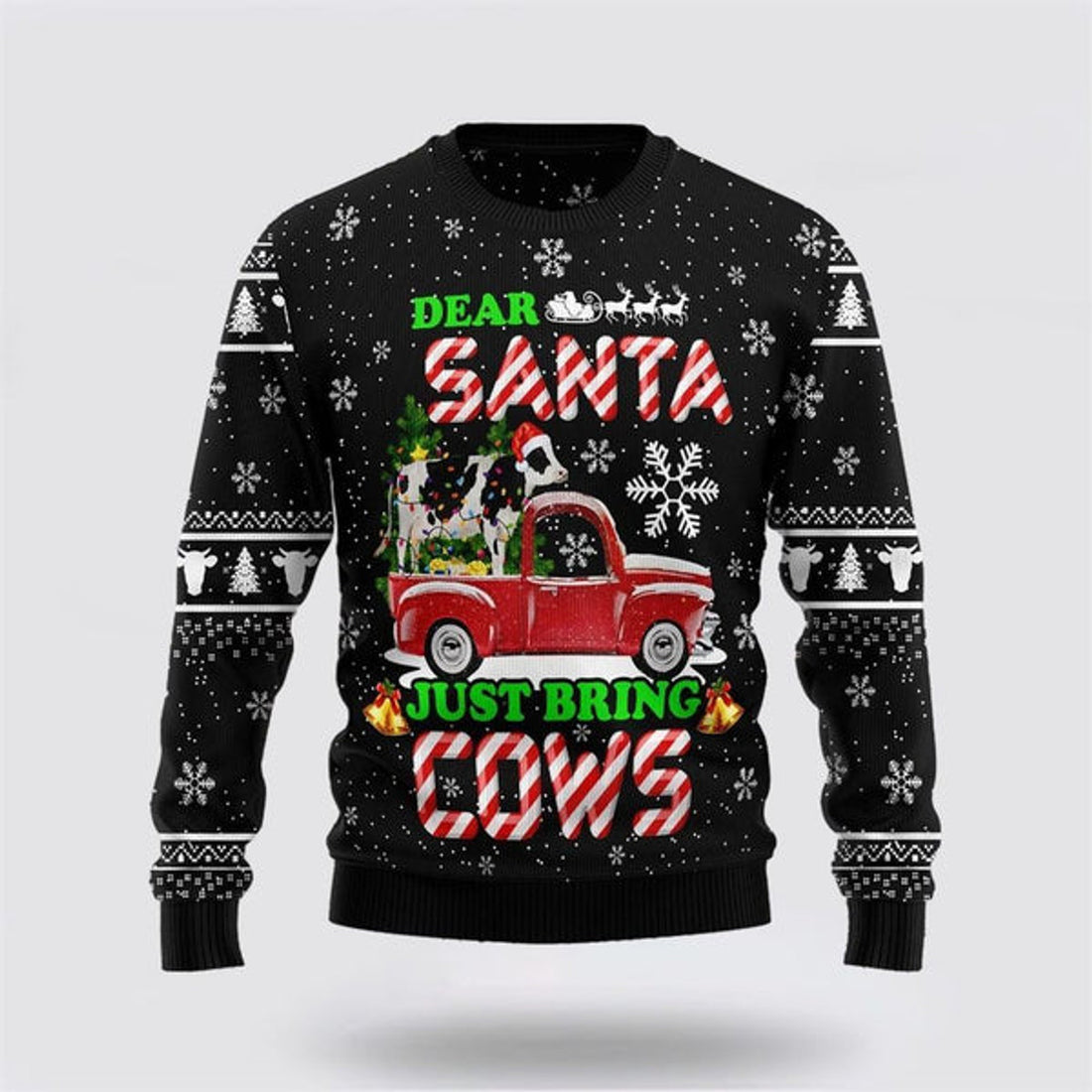 FUNSTUFFPRINT Cow & Red Truck Christmas Dear Santa Just bring Cows Ugly Christmas Sweater, Farm Sweater, Christmas Gift, Best Winter Outfit Christmas Ugly Sweater