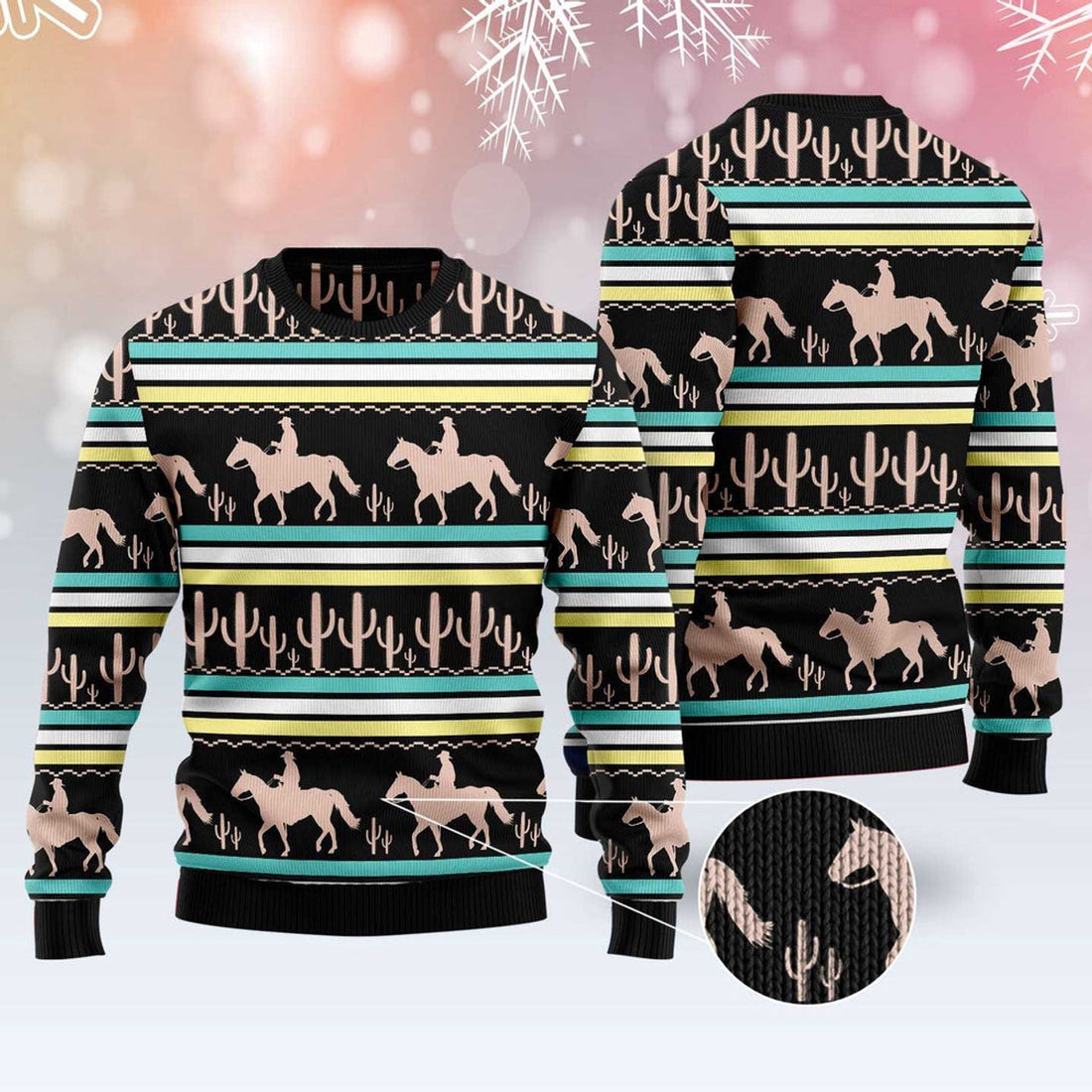 FUNSTUFFPRINT Cowboy Cactus Ugly Christmas Sweater, Christmas Sweater, Ugly Sweater, Funny Xmas Sweaters Ugly Sweater