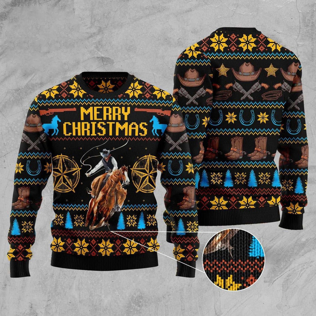 FUNSTUFFPRINT Cowboy Merry Christmas Ugly Christmas Sweater, Christmas Sweater, Ugly Sweater, Funny Xmas Sweaters Ugly Sweater
