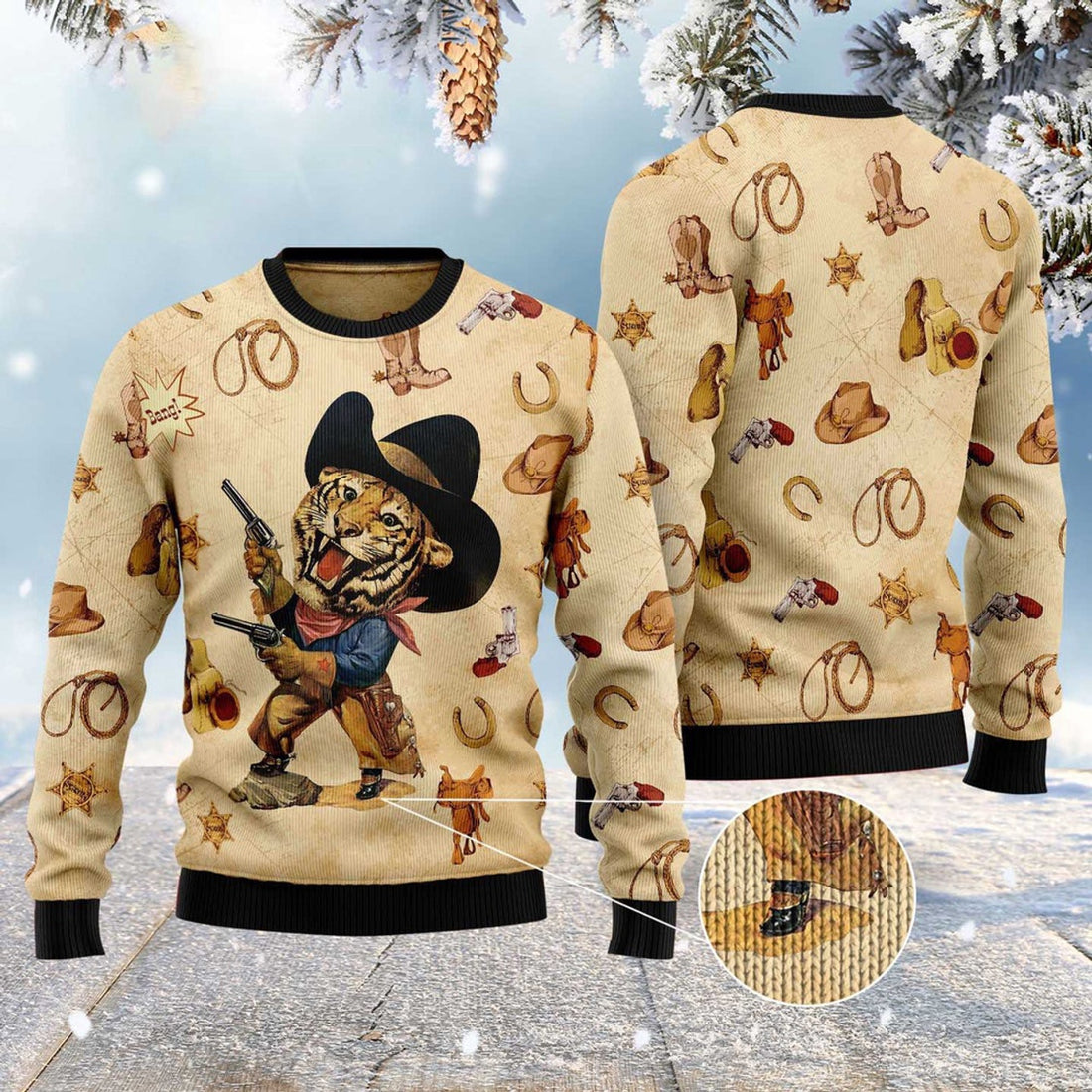 FUNSTUFFPRINT Cowboy Tiger Ugly Christmas Sweater, Christmas Sweater, Ugly Sweater, Funny Xmas Sweaters Ugly Sweater