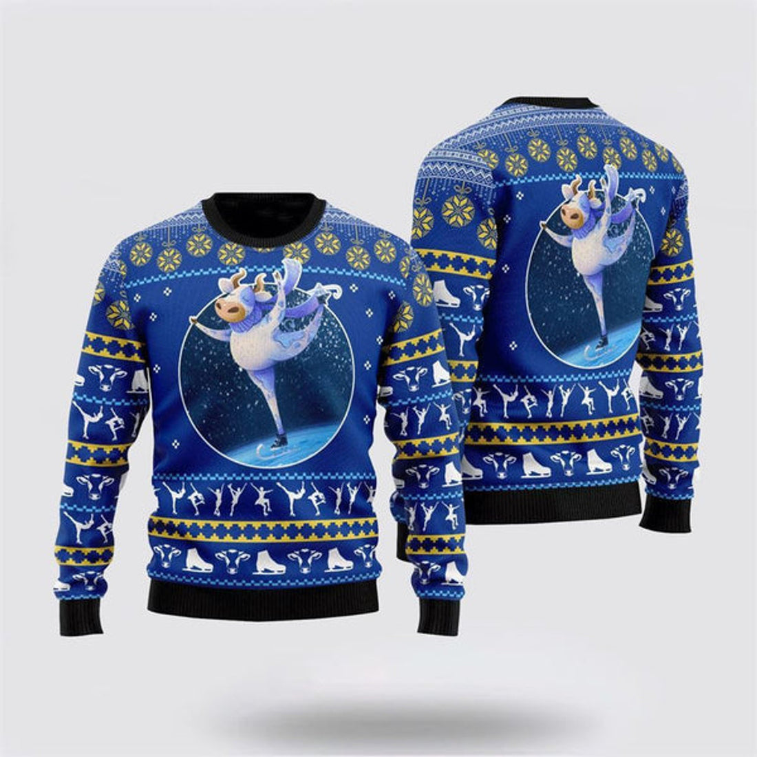 FUNSTUFFPRINT Cows Ice Skating Ugly Christmas Sweater, Farm Sweater, Christmas Gift, Best Winter Outfit Christmas Ugly Sweater