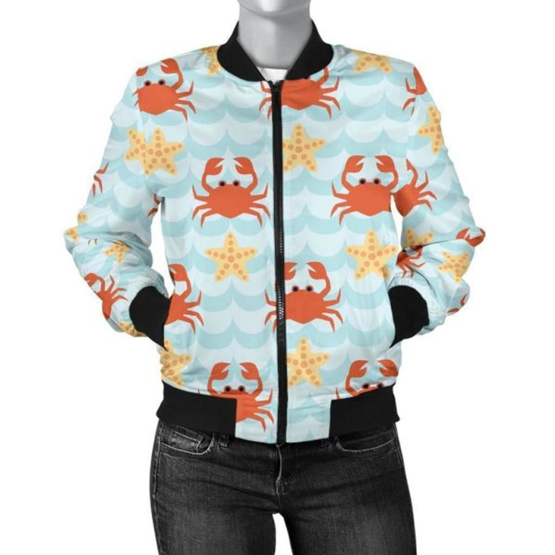 FUNSTUFFPRINT Crab Starfish Pattern Print Women Casual 3D Bomber Jacket