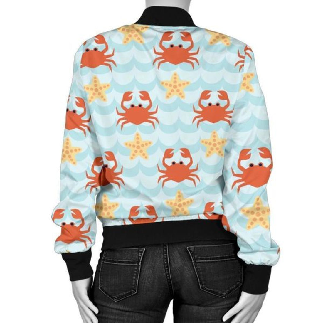 FUNSTUFFPRINT Crab Starfish Pattern Print Women Casual 3D Bomber Jacket
