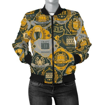 FUNSTUFFPRINT Craft Beer Pattern Print Women Casual 3D Bomber Jacket