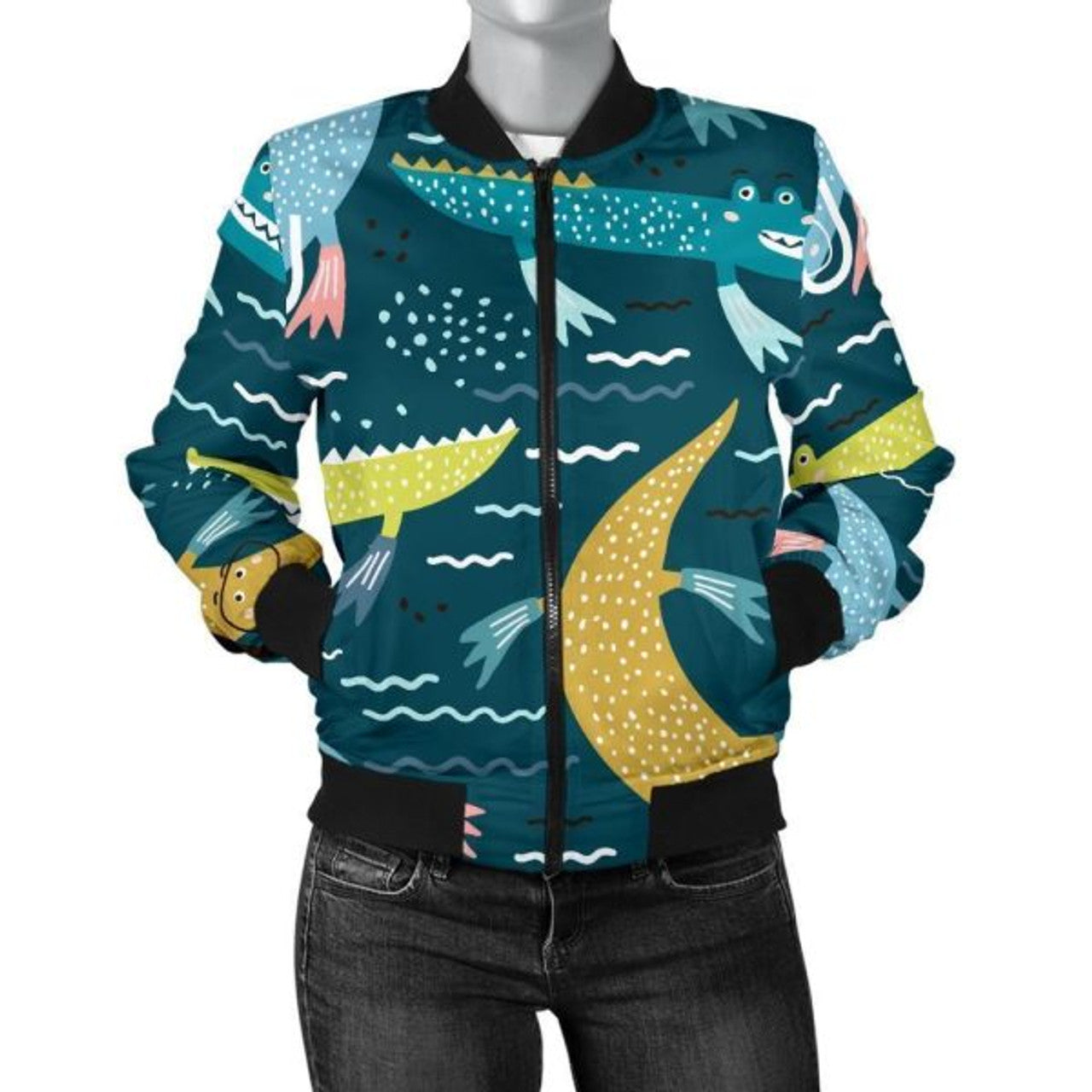 FUNSTUFFPRINT Crocodile Cartoon Pattern Print Women Casual 3D Bomber Jacket