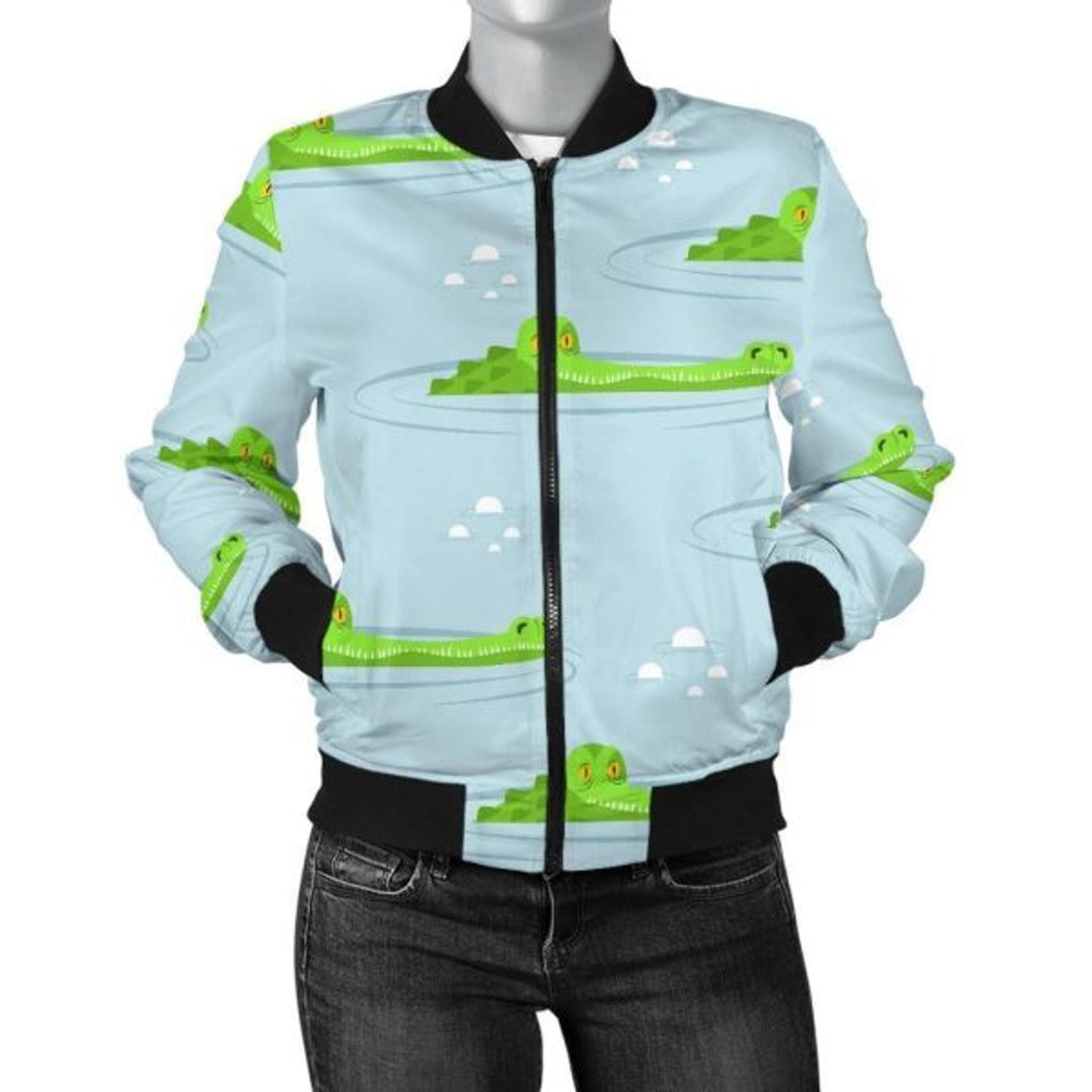 FUNSTUFFPRINT Crocodile Cartoon Print Pattern Women Casual 3D Bomber Jacket