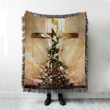 Cross And Lily Woven Throw Blanket - Christian Wall Woven Blanket - Religious Woven Blanket Prints