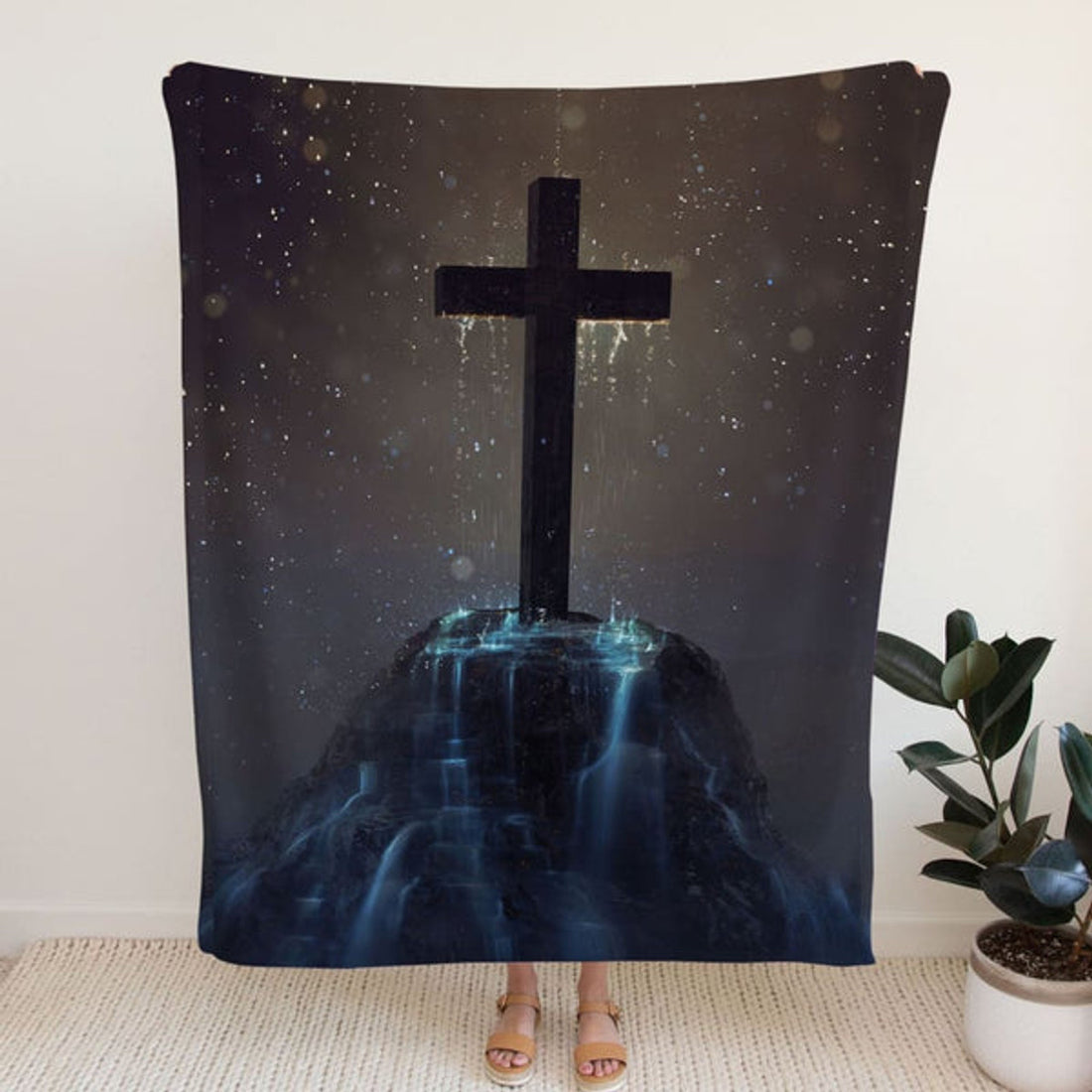 FUNSTUFFPRINT Cross On The Hill Fleece Blanket - Christian Blanket - Bible Verse Blanket
