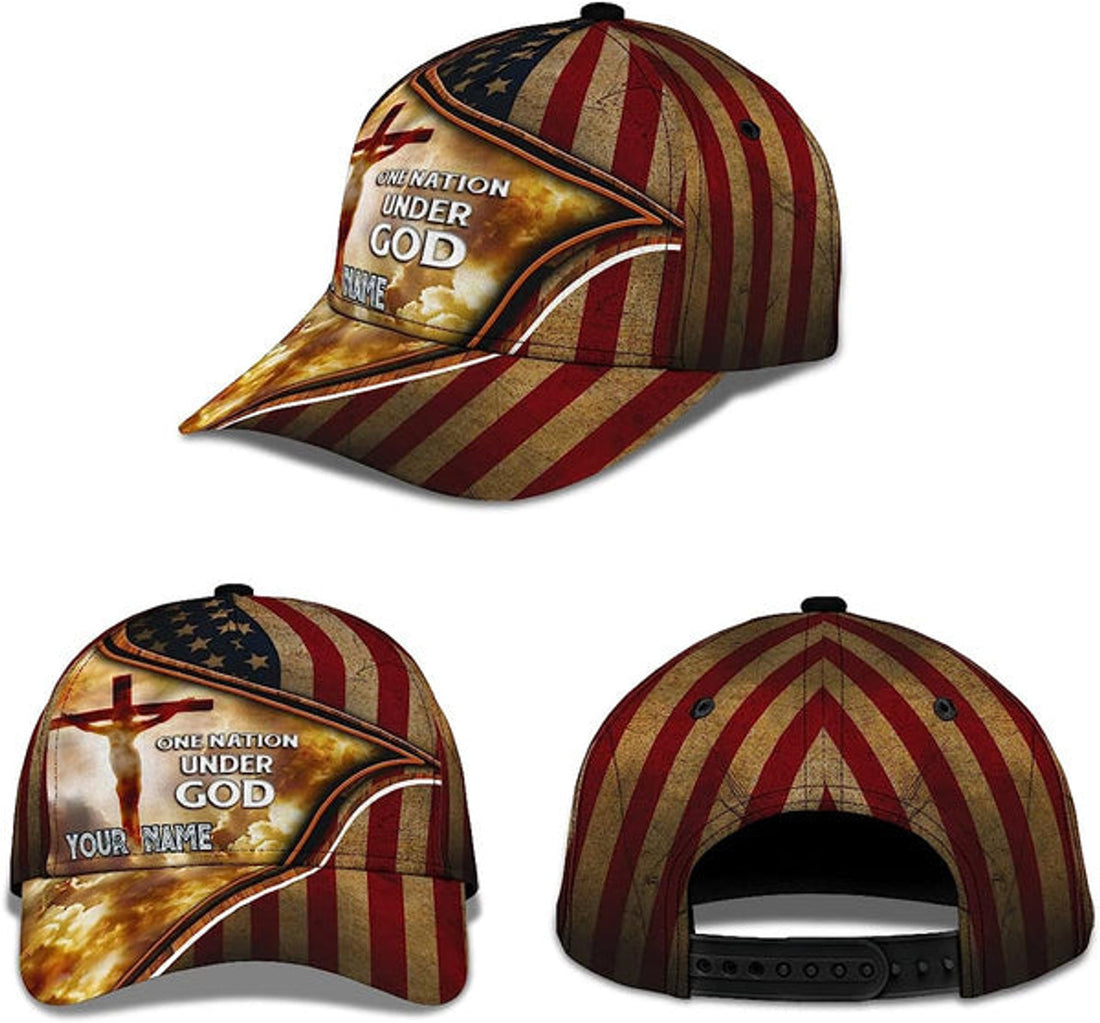 FUNSTUFFPRINT Cross One Nation Under God American Flag Custom Name All Over Print Baseball Cap - Christian Hats For Men Women