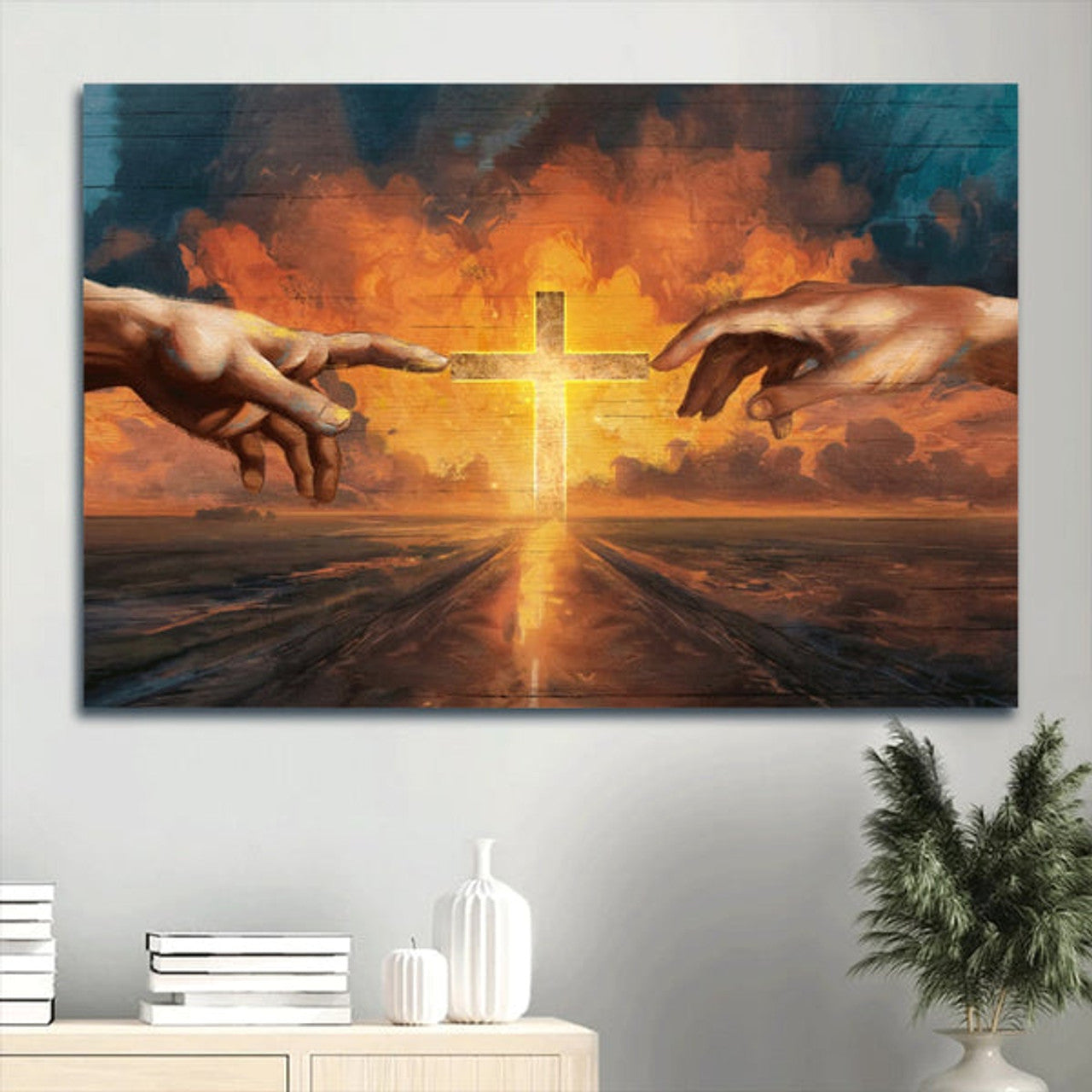 Cross Painting Watercolor Sunset Inspirational Art Canvas Wall Art - Christian Wall Decor