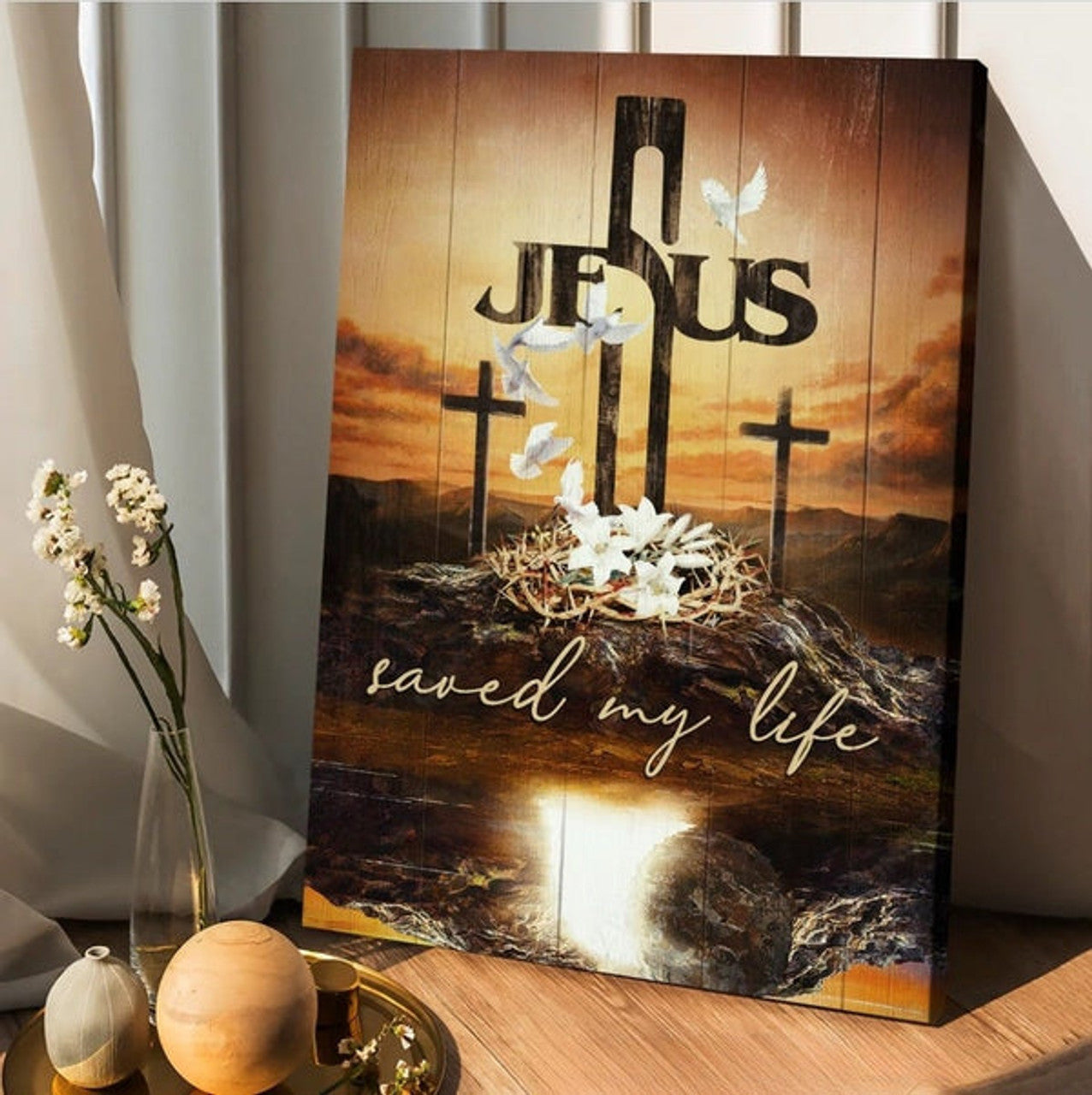 Crown Of Thorns White Lily Cross Painting - Jesus Saved My Life Canvas Posters - Christian Wall Posters - Religious Wall Decor