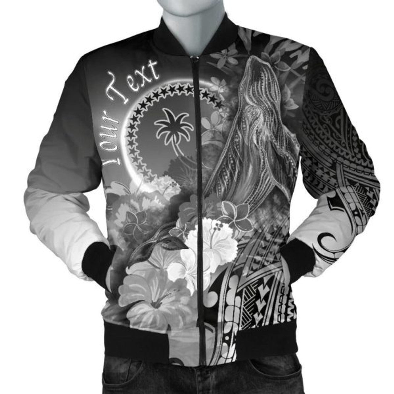 FUNSTUFFPRINT Custom Chuuk Men's Bomber Jacket - Humpback Whale with Tropical Flowers (White)- 3D Bomber Jacket