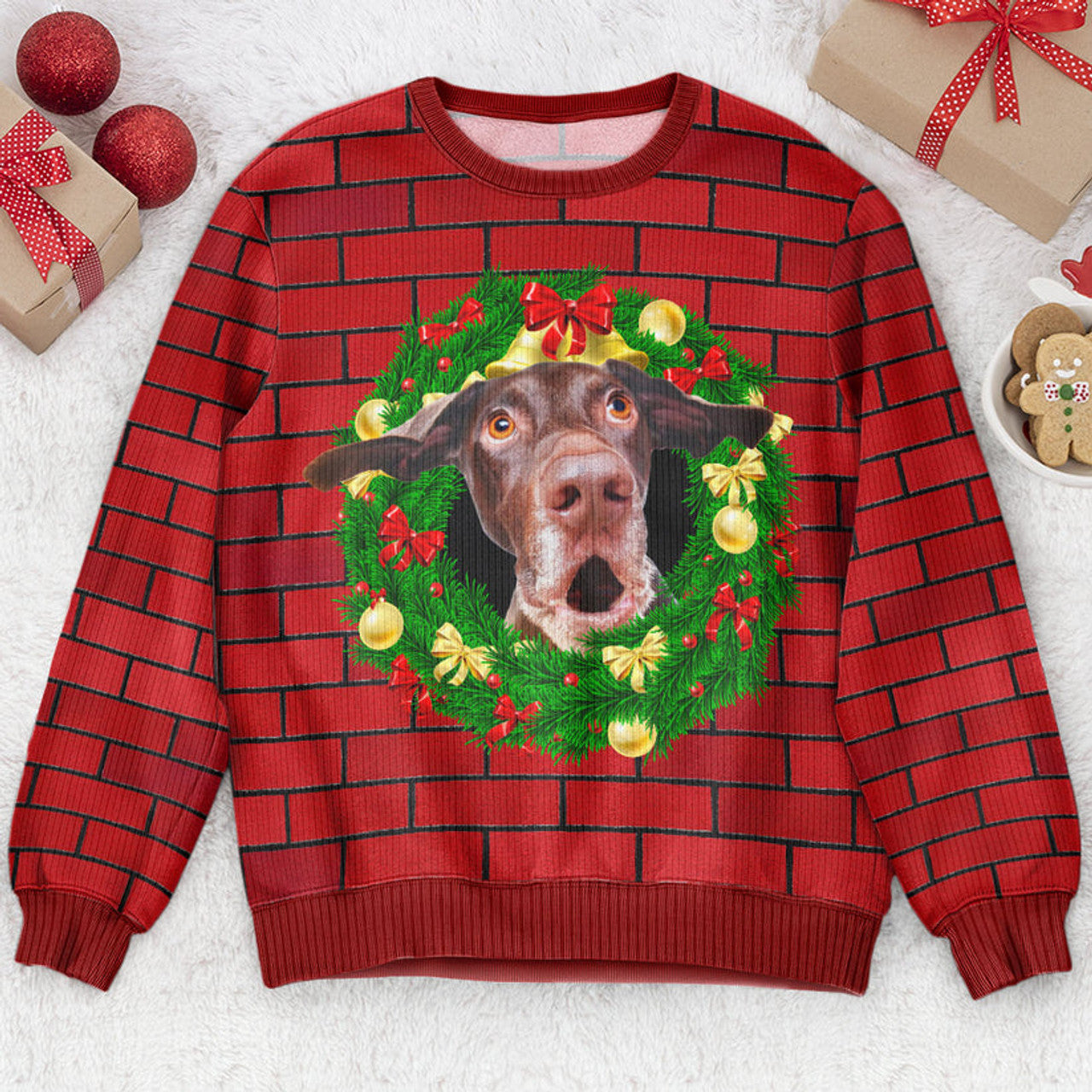 FUNSTUFFPRINT Custom Funny Face Peek Out Christmas Wreath On The Fireplace Ugly Sweater
