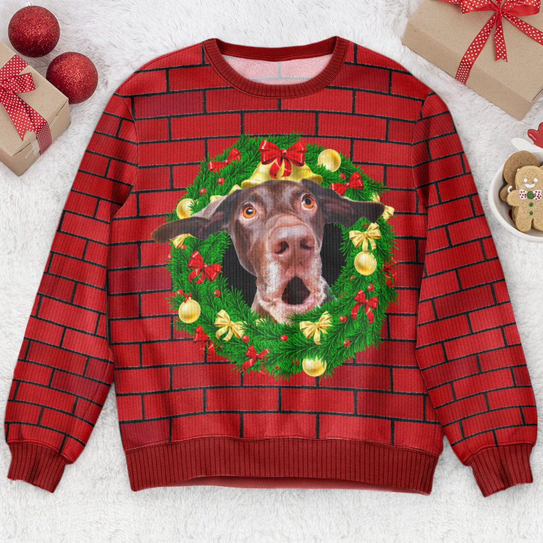 FUNSTUFFPRINT Custom Funny Face Peek Out Christmas Wreath On The Fireplace Ugly Sweater