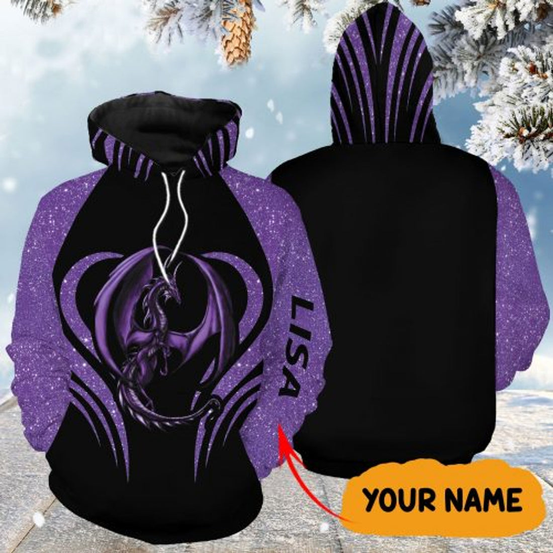 FUNSTUFFPRINT Custom Name 3D All Over Hoodie Purple Dragon 3D Hoodie and Zip Hoodie