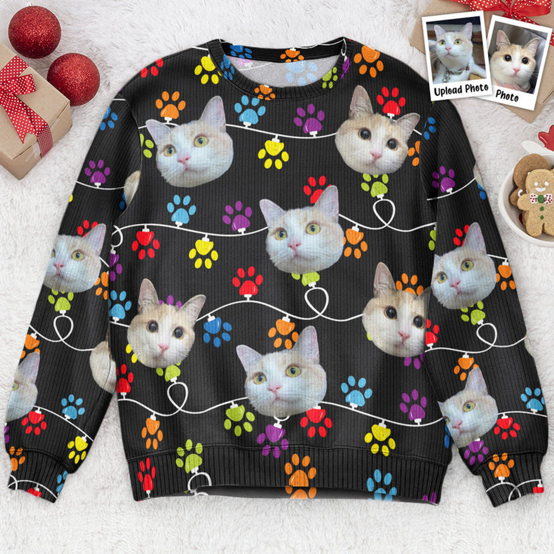 FUNSTUFFPRINT Custom Pet Photo Paw Light Ugly Sweater
