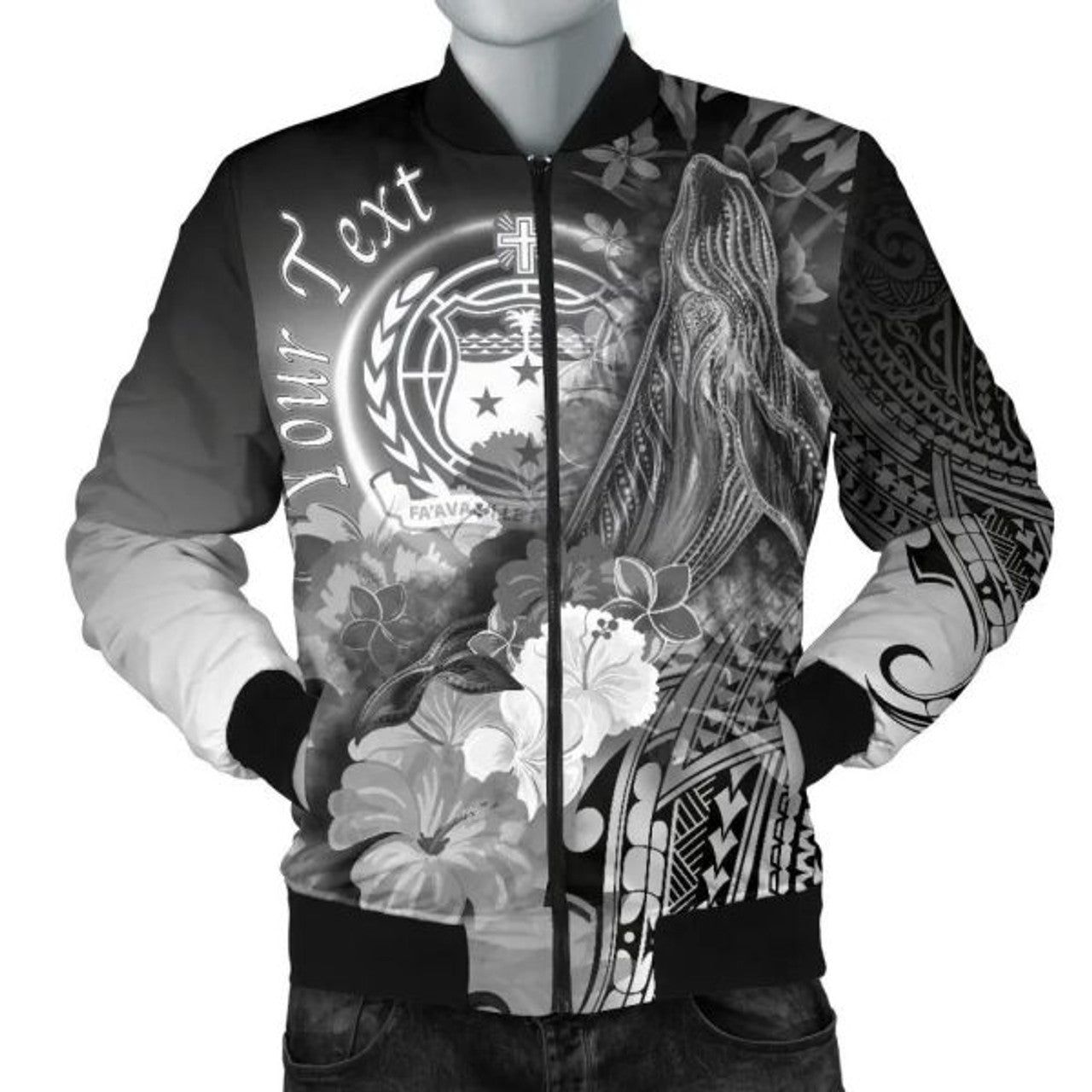 FUNSTUFFPRINT Custom Samoa Men's Bomber Jacket- Humpback Whale with Tropical Flowers (White)- 3D Bomber Jacket