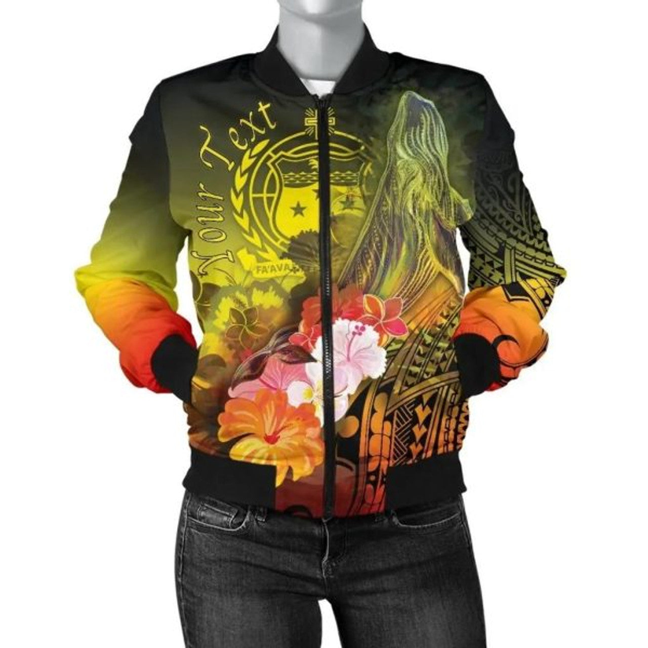 FUNSTUFFPRINT Custom Samoa Women's Bomber Jacket- Humpback Whale with Tropical Flowers (Yellow)- 3D Bomber Jacket