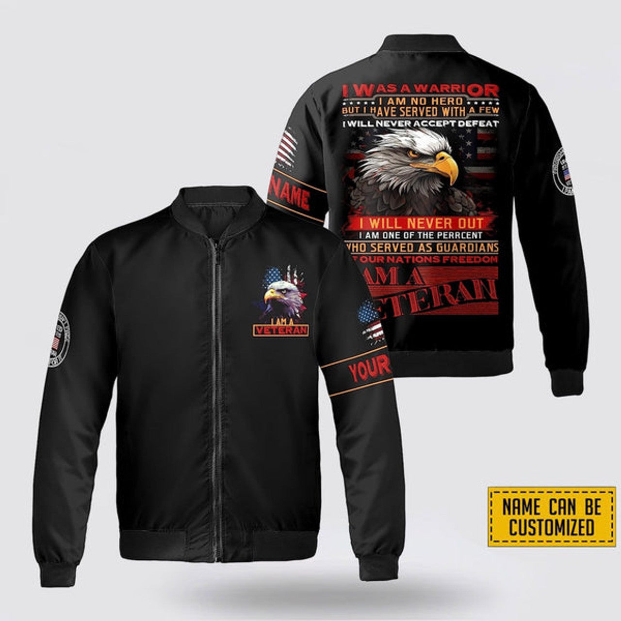FUNSTUFFPRINT Custom Name I Am A Veteran I Will Never Accept Defeat 3D Bomber Jacket