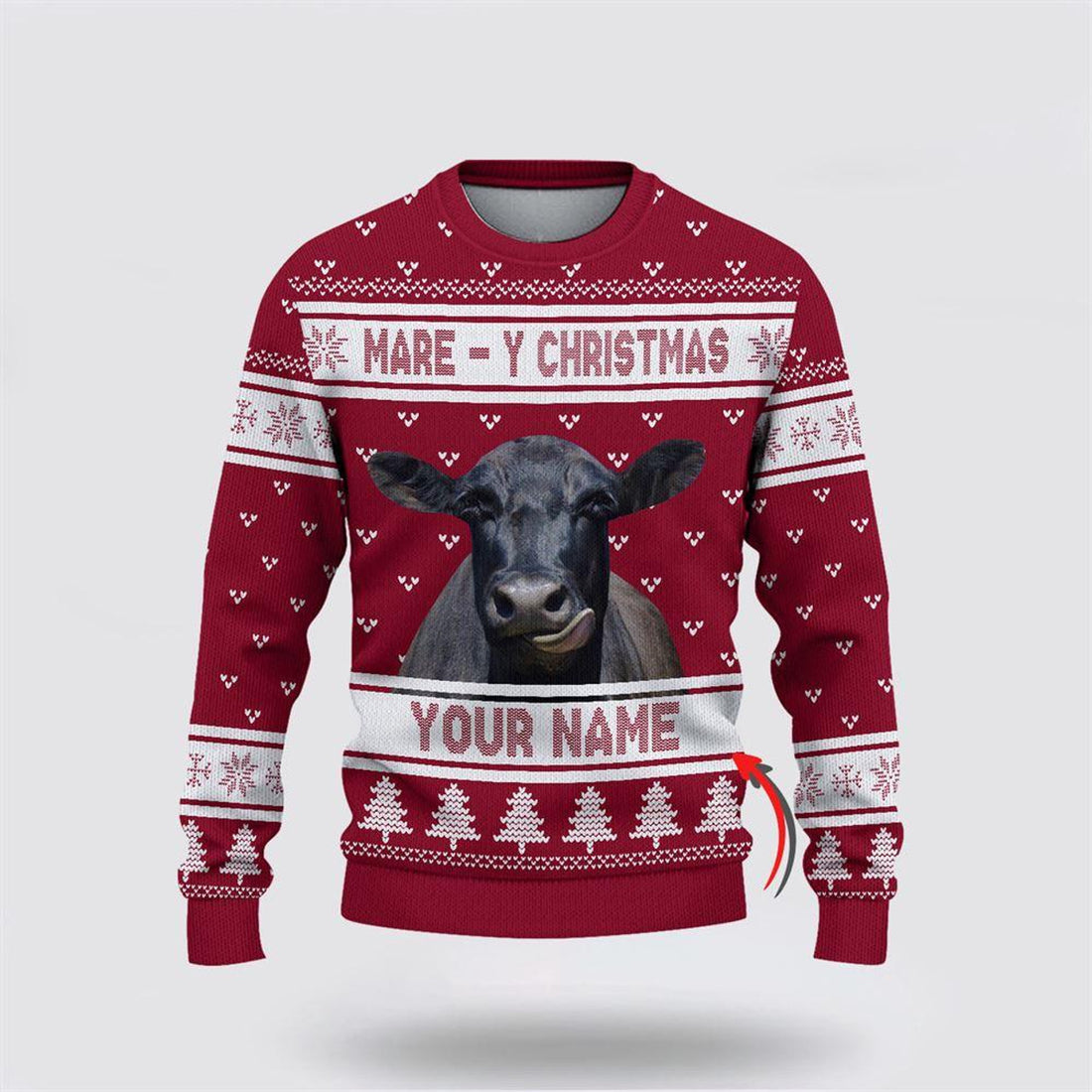 FUNSTUFFPRINT Custom Name Black Angus Mare Y Christmas Ugly Sweater, Gifts For Farmers, Rural Lovers Ugly Sweater