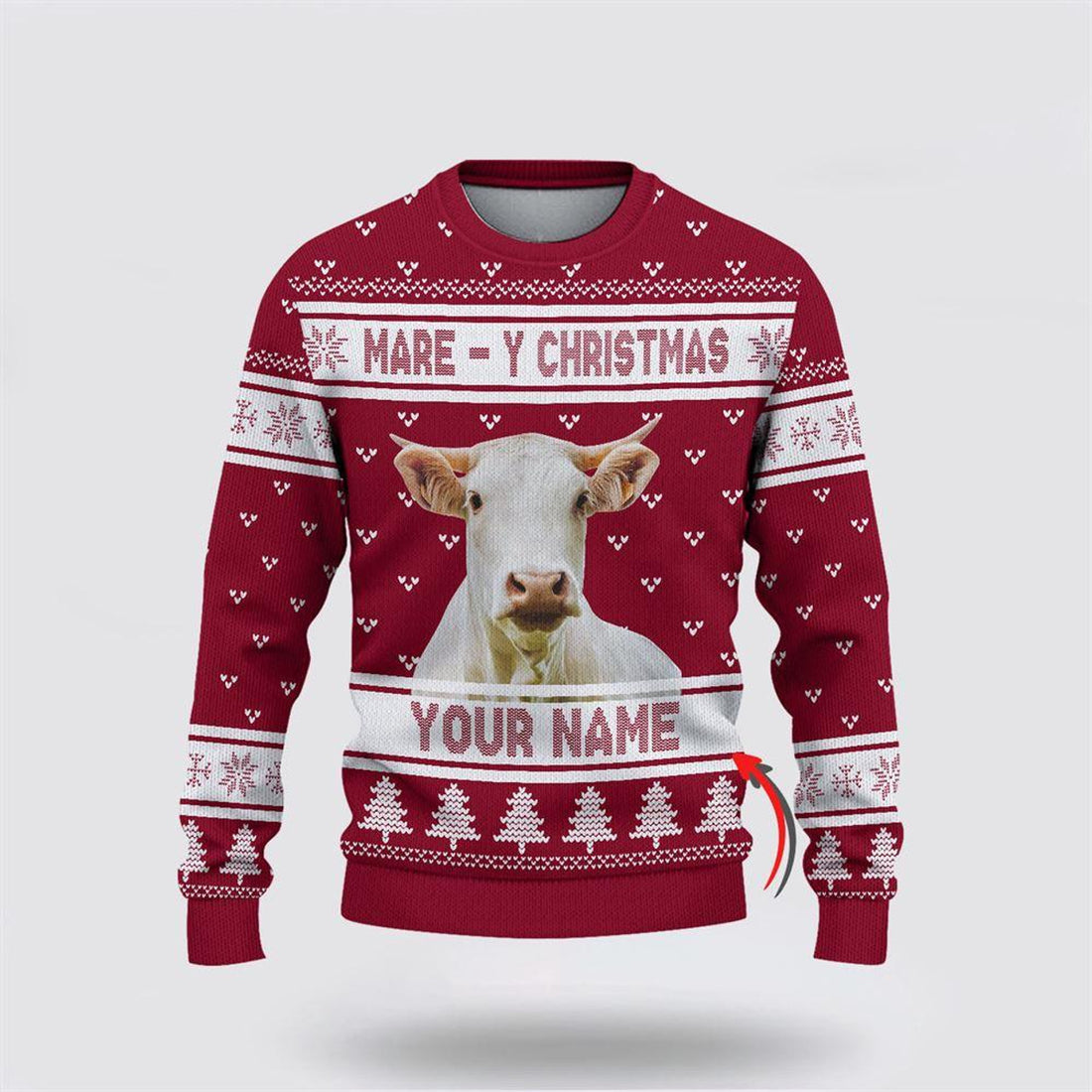 FUNSTUFFPRINT Custom Name Charolais Mare Y Christmas Ugly Sweater, Gifts For Farmers, Rural Lovers Ugly Sweater
