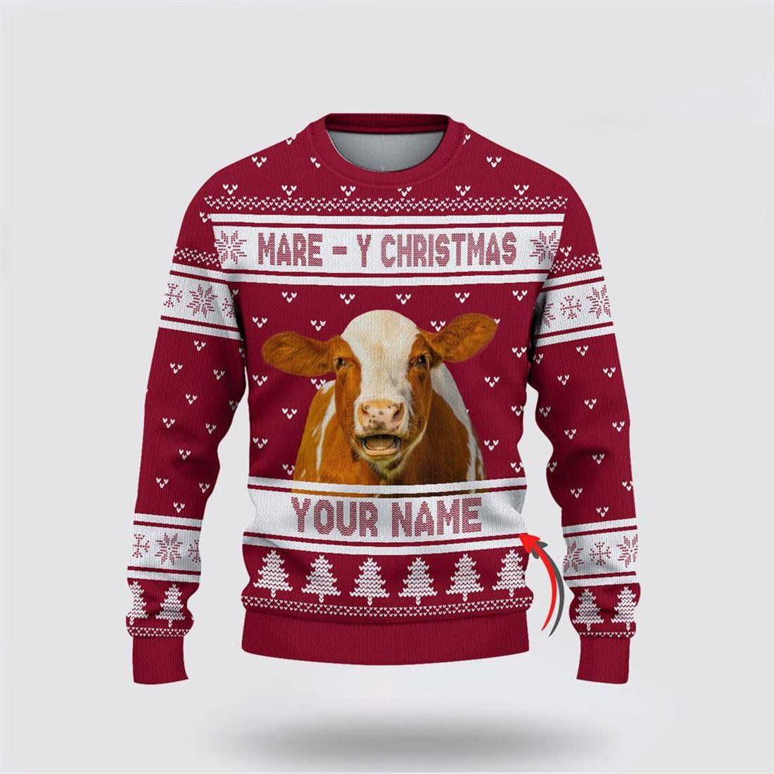 FUNSTUFFPRINT Custom Name Hereford Cattle Mare Y Christmas Ugly Sweater, Gifts For Farmers, Rural Lovers Ugly Sweater