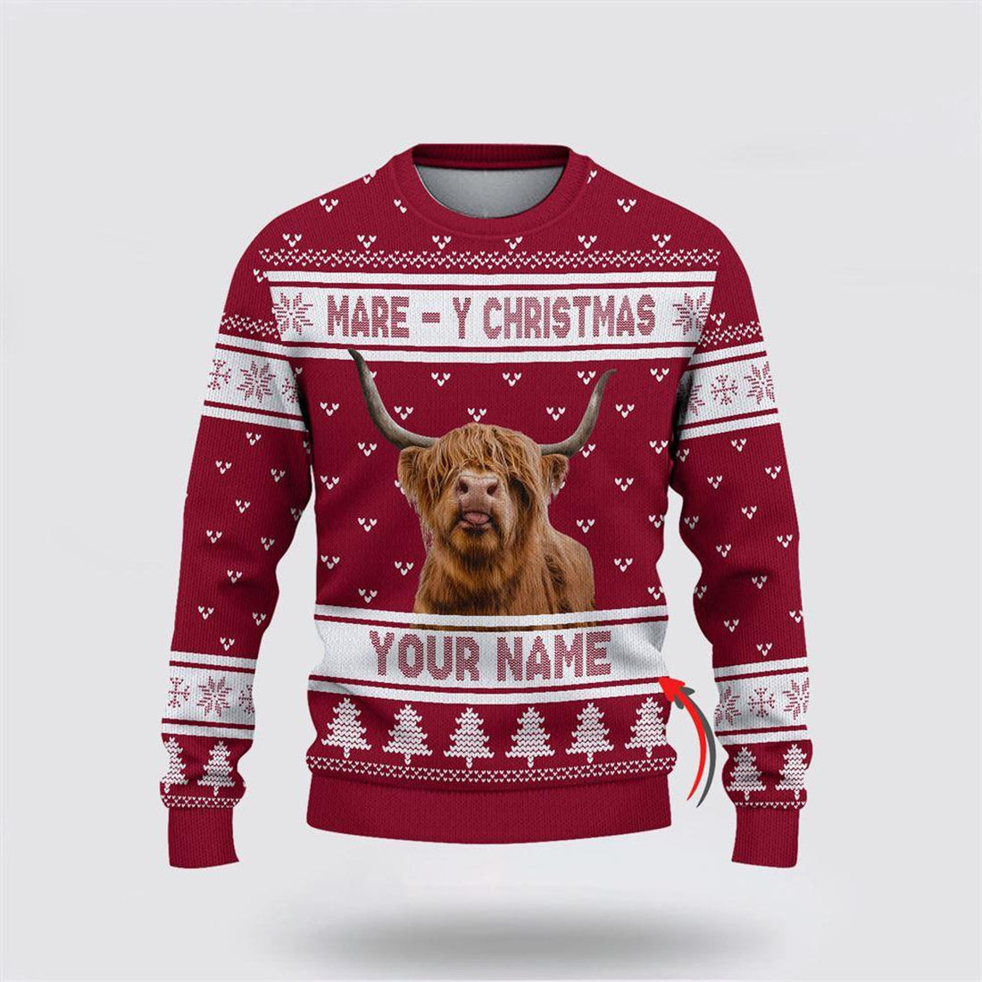 FUNSTUFFPRINT Custom Name Highland Cattle Mare Y Christmas Ugly Sweater, Gifts For Farmers, Rural Lovers Ugly Sweater