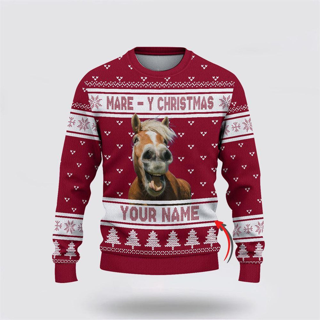 FUNSTUFFPRINT Custom Name Horse Mare Y Christmas Ugly Sweater, Gifts For Farmers, Rural Lovers Ugly Sweater