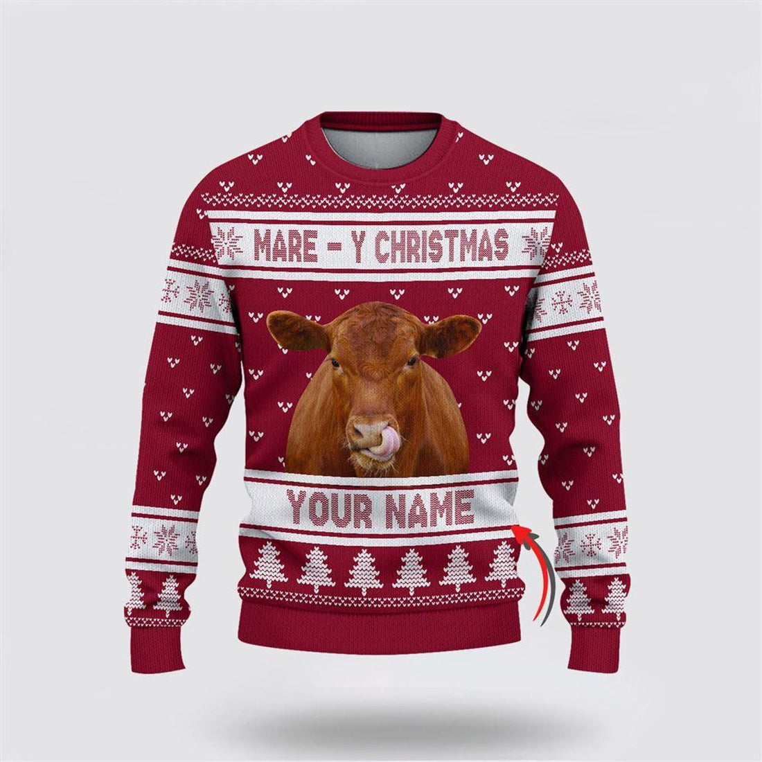 FUNSTUFFPRINT Custom Name Red Angus Mare Y Christmas Ugly Sweater, Gifts For Farmers, Rural Lovers Ugly Sweater