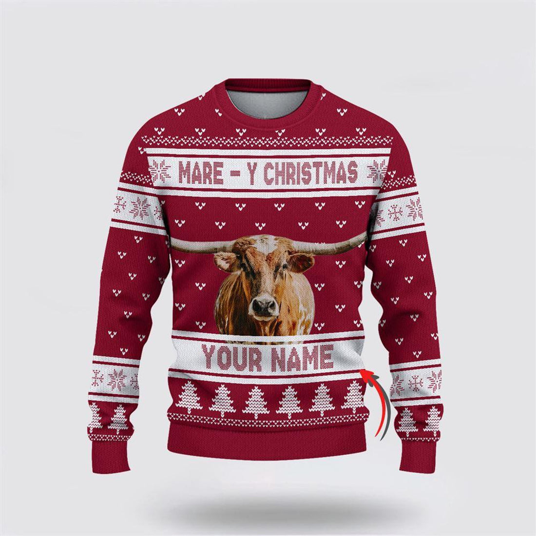 FUNSTUFFPRINT Custom Name Texas Longhorn Mare Y Christmas Ugly Sweater, Gifts For Farmers, Rural Lovers Ugly Sweater