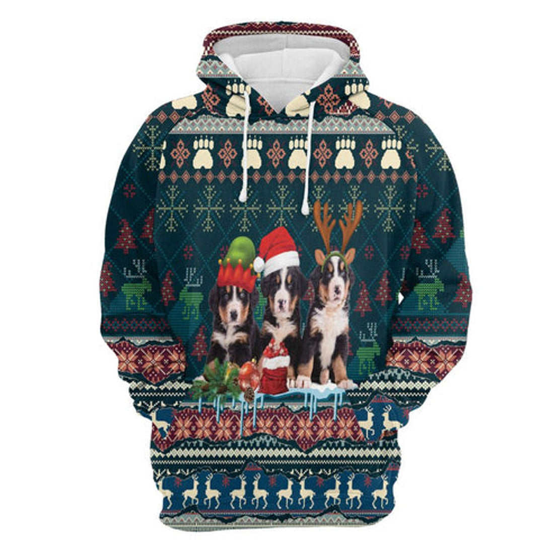 FUNSTUFFPRINT 3D Cute Bernese Mountain Dog Christmas All Over 3D Hoodie and Zip Hoodie