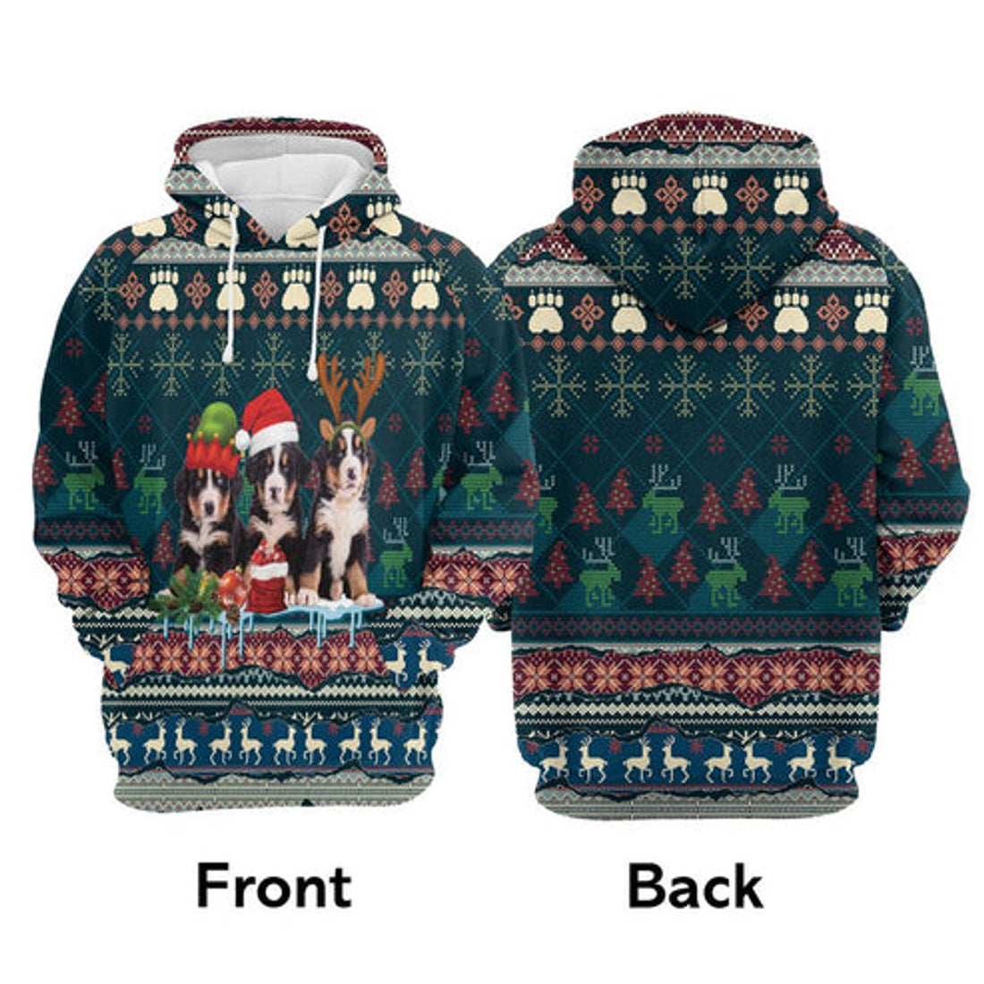 FUNSTUFFPRINT 3D Cute Bernese Mountain Dog Christmas All Over 3D Hoodie and Zip Hoodie