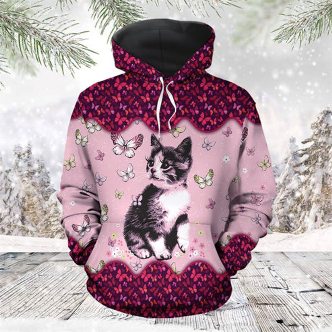 FUNSTUFFPRINT 3D Cute Cat Butterfly All Over 3D Hoodie and Zip Hoodie