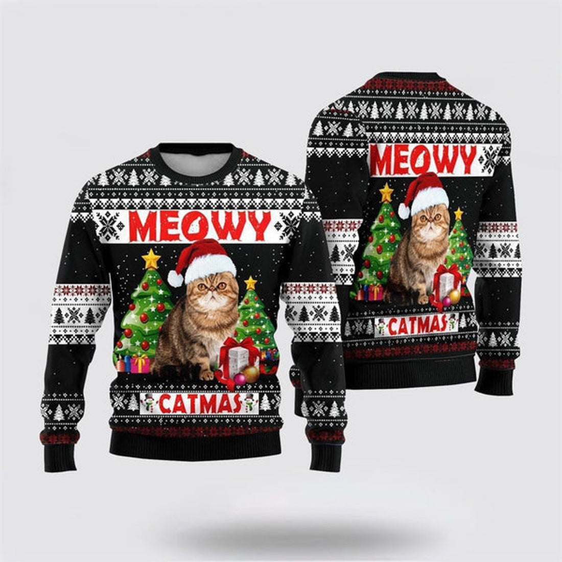 FUNSTUFFPRINT Cute Cat Sweater Meowy Catmas Ugly Christmas Sweater For Men And Women, Best Gift For Christmas, Christmas Fashion Winter  Ugly  Sweater